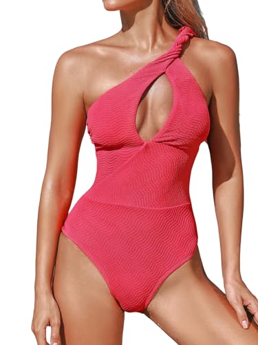 CUPSHE Damen Badeanzug One Shoulder Zierausschnitte Tiefer Rückenausschnitt Lace Up Texturierte Einteilige Bademode Swimsuit Kirschrot XL von CUPSHE