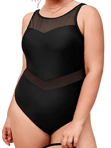 CUPSHE Damen-Badeanzug Plus Size One Piece Badeanzug Mesh Bauchkontrolle Rundhalsausschnitt mit verstellbaren Breiten Trägern, 1X Schwarz von CUPSHE