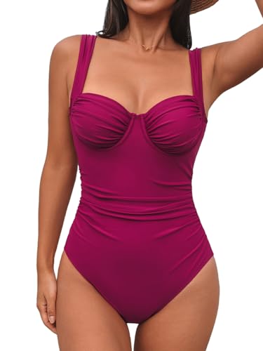 CUPSHE Damen Badeanzug Push Up Bügel Herzausschnitt Bauchweg Raffung Breit Träger Elegant Einteilige Bademode Swimsuit Dunkles Fuchsia M von CUPSHE