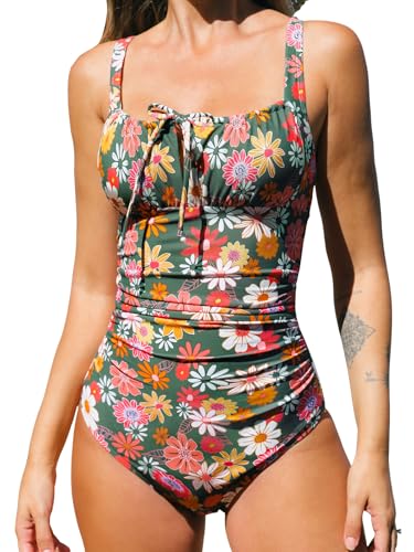 CUPSHE Damen Badeanzug Quadratischer Ausschnitt Bauchweg Raffung Tunnelzug Schleifen Einteilige Bademode Swimsuit Grün/Rot Blumig XS von CUPSHE