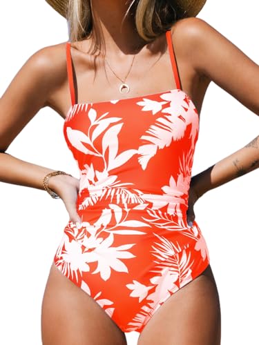 CUPSHE Damen Badeanzug Quadratischer Ausschnitt Bauchweg Raffungen Rückenausschnitt Blumenmuster Einteilige Bademode Swimsuit Orange Floral L von CUPSHE