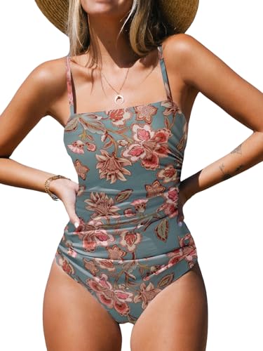 CUPSHE Damen Badeanzug Quadratischer Ausschnitt Bauchweg Raffungen Tiefer Rückenausschnitt Riemendetail Blumenmuster Einteilige Bademode Swimsuit Tannengrün/Rot L von CUPSHE