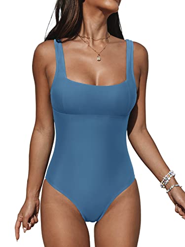 CUPSHE Damen Badeanzug Quadratischer Ausschnitt Breite Träger Vintage Elegant Figurformend Einteilige Bademode Swimsuit Stahlblau L von CUPSHE