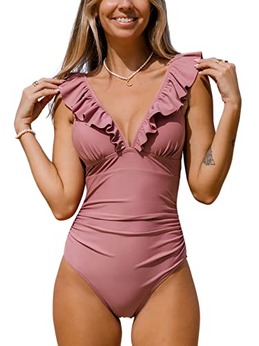 CUPSHE Damen Badeanzug Rüschen V Ausschnitt Bauchweg Raffungen Blumenmuster Einteilige Bademode Swimsuit Bohnenrosa L von CUPSHE