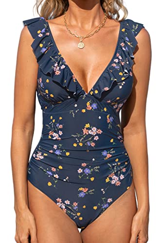 CUPSHE Damen Badeanzug Rüschen V Ausschnitt Bauchweg Raffungen Blumenmuster Einteilige Bademode Swimsuit Denim Blue Floral XS von CUPSHE