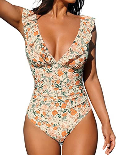 CUPSHE Damen Badeanzug Rüschen V Ausschnitt Bauchweg Raffungen Blumenmuster Einteilige Bademode Swimsuit Mehrfarbig M von CUPSHE