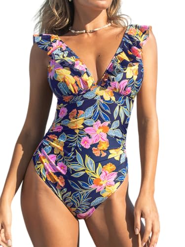 CUPSHE Damen Badeanzug Rüschen V Ausschnitt Monokinis Bauchweg Einteilige Bademode Swimsuit Rosa/Gelb/Blau M von CUPSHE