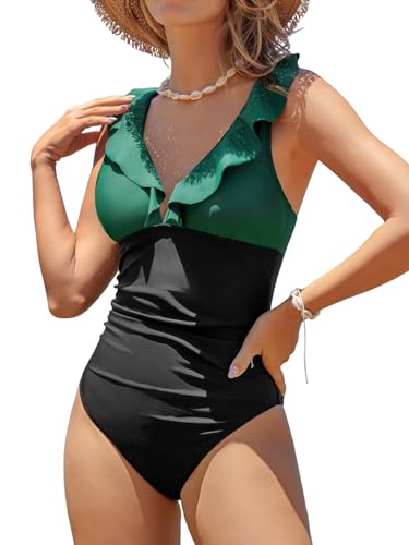 CUPSHE Damen Badeanzug Rüschen V Ausschnitt Monokinis Bauchweg Einteilige Bademode Swimsuit Schwarz/Grün M von CUPSHE