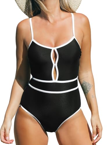 CUPSHE Damen Badeanzug Runder Ausschnitt Schlüsselloch Ausschnitt Farbblock Verstellbare Träger Schwimmanzug Bademode Navy Schwarz/Weiß M von CUPSHE