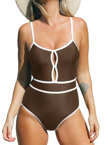 CUPSHE Damen Badeanzug Runder Ausschnitt Schlüsselloch Ausschnitt Farbblock Verstellbare Träger Schwimmanzug Bademode Salbeigrün L von CUPSHE