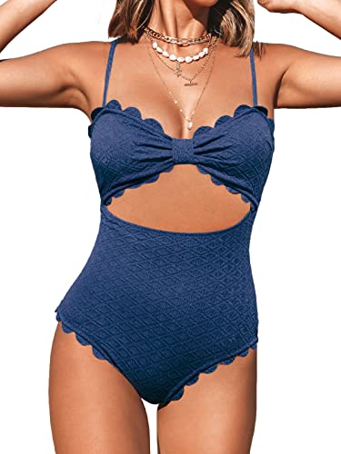 CUPSHE Damen Badeanzug Schleifen Wellenkante Bademode Cutout Figurformend Texturierte Einteilige Strandmode Swimsuit Blau M von CUPSHE