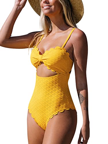 CUPSHE Damen Badeanzug Schleifen Wellenkante Bademode Cutout Figurformend Texturierte Einteilige Strandmode Swimsuit Gelb L von CUPSHE