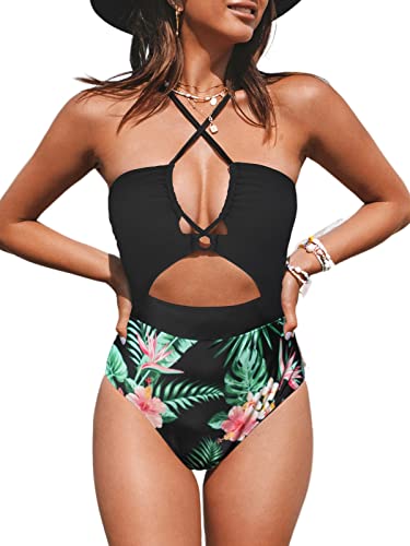 CUPSHE Damen Badeanzug Schnürung Crossover Zierausschnitten Blumenmuster Einteilige Bademode Swimsuit Schwarz/Tropical Print S von CUPSHE