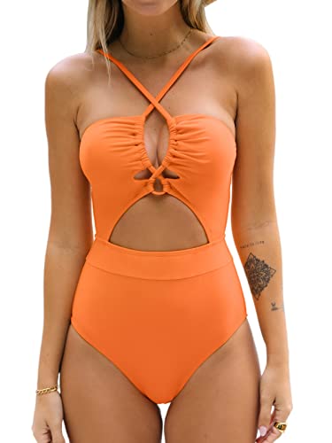 CUPSHE Damen Badeanzug Schnürung Crossover Zierausschnitten Einteilige Bademode Swimsuit Orange XS von CUPSHE