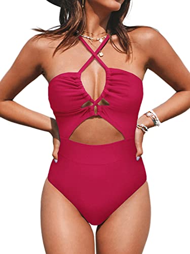 CUPSHE Damen Badeanzug Schnürung Zierausschnitten Crossover Einteilige Bademode Swimsuit Rosenrot XS von CUPSHE