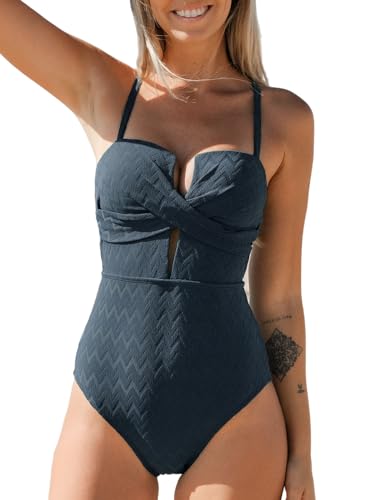 CUPSHE Damen Badeanzug Tiefer Ausschnitt Crossover Wickeloptik Geformte Cups Gerippte Textur Einteilige Bademode Swimsuit Dunkelgrau Blau XL von CUPSHE