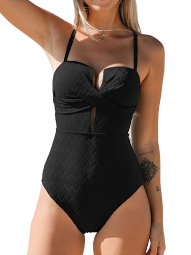 CUPSHE Damen Badeanzug Tiefer Ausschnitt Crossover Wickeloptik Geformte Cups Gerippte Textur Einteilige Bademode Swimsuit Schwarz L von CUPSHE
