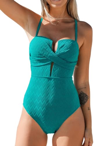 CUPSHE Damen Badeanzug Tiefer Ausschnitt Crossover Wickeloptik Geformte Cups Textur Einteilige Bademode Swimsuit Türkis/Blau S von CUPSHE