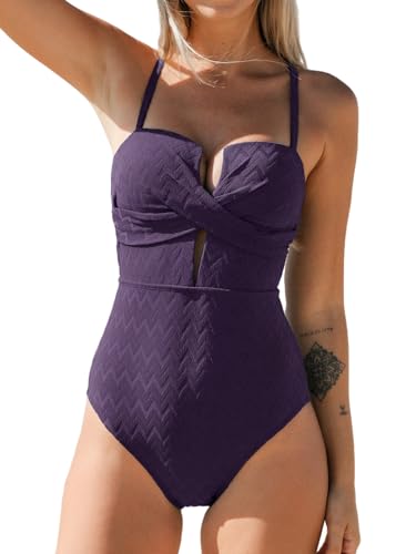 CUPSHE Damen Badeanzug Tiefer Ausschnitt Crossover Wickeloptik Geformte Cups Textur Einteilige Bademode Swimsuit Violett (Grape Purple) L von CUPSHE