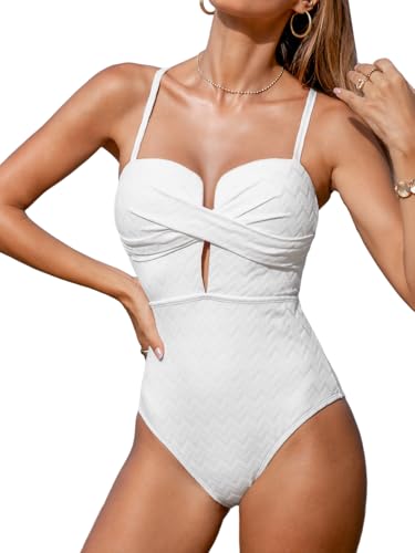 CUPSHE Damen Badeanzug Tiefer Ausschnitt Crossover Wickeloptik Geformte Cups Textur Einteilige Bademode Swimsuit Weiß XS von CUPSHE