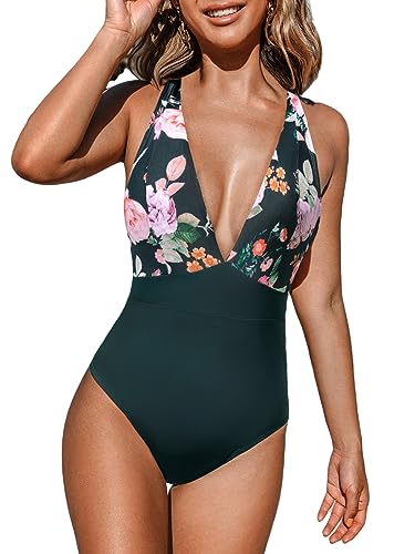 CUPSHE Damen Badeanzug Tiefer V Ausschnitt Crossback Lace Up Vintage Blumenmuster Figurformend Einteilige Bademode Swimsuit Dunkelgrün XL von CUPSHE