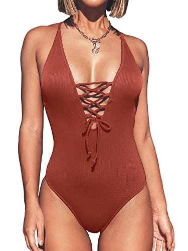 CUPSHE Damen Badeanzug Tiefer V Ausschnitt Lace Up Monokini Figurformend Unifarben Gerippte Einteilige Bademode Swimsuit Bernstein XS von CUPSHE