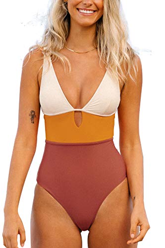 CUPSHE Damen Badeanzug Tiefer V Ausschnitt Monokini Colorblock Riemchen Einteilige Bademode Swimsuit Mehrfarbig S von CUPSHE