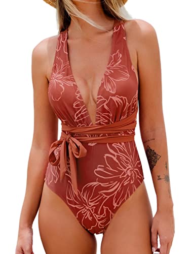 CUPSHE Damen Badeanzug Tiefer V Ausschnitt Monokini Selbstbindung Crossback Einteilige Bademode Swimsuit L von CUPSHE