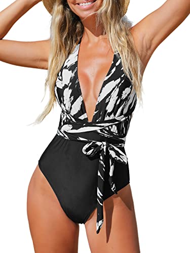 CUPSHE Damen Badeanzug Tiefer V Ausschnitt Monokini Selbstbindung Crossback Einteilige Bademode Swimsuit S von CUPSHE