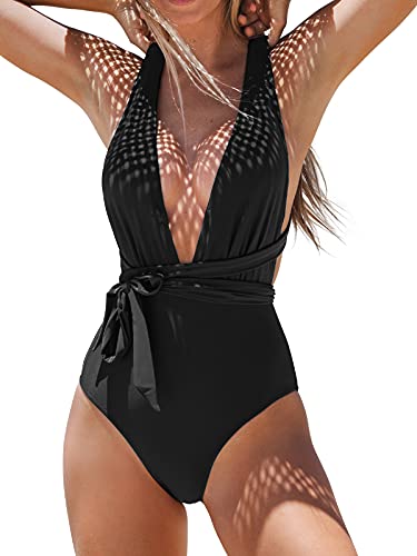 CUPSHE Damen Badeanzug Tiefer V Ausschnitt Monokini Selbstbindung Einfarbig Einteilige Bademode Swimsuit Schwarz XL CUPSHE Damen Badeanzug Tiefer V Ausschnitt Monokini Selbstbindung Einfarbig Einteilige Bademode Swimsuit Schwarz XL von CUPSHE
