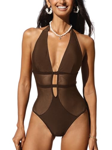 CUPSHE Damen Badeanzug Tiefer V Ausschnitt Neckholder Netzeinsatz Rückenfrei Riemchen Einteilige Bademode Swimsuit Braun S von CUPSHE
