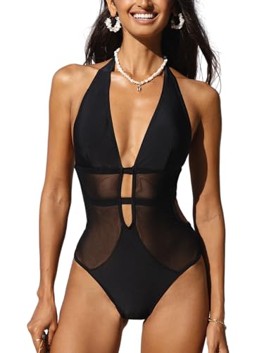 CUPSHE Damen Badeanzug Tiefer V Ausschnitt Neckholder Netzeinsatz Rückenfrei Riemchen Einteilige Bademode Swimsuit Schwarz XL von CUPSHE
