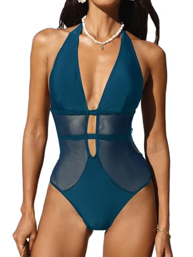 CUPSHE Damen Badeanzug Tiefer V Ausschnitt Neckholder Netzstoff Rückenfrei Riemendetail Einteilige Bademode Swimsuit Blau L von CUPSHE