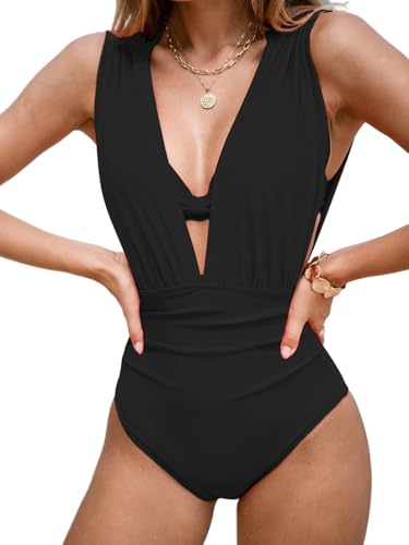 CUPSHE Damen Badeanzug Tiefer V Ausschnitt Raffung Bauchweg Neckholder Push Up Knoten Bikini Oberteil Elegant Dreiteiliger Badeanzug Swimsuit Schwarz M von CUPSHE