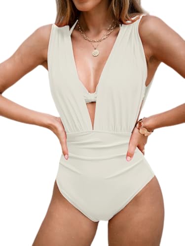 CUPSHE Damen Badeanzug Tiefer V Ausschnitt Raffung Bauchweg Neckholder Push Up Knoten Bikini Oberteil Elegant Dreiteiliger Badeanzug Swimsuit Weiß M von CUPSHE