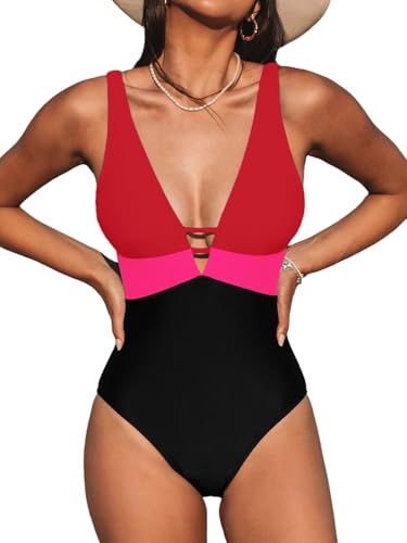 CUPSHE Damen Badeanzug Tiefer V Ausschnitt Riemchen Cutouts Farbblock Verstellbare Träger Einteilige Bademode Swimsuit Rot/Pink/Schwarz XL CUPSHE Damen Badeanzug Tiefer V Ausschnitt Riemchen Cutouts Farbblock Verstellbare Träger Einteilige Bademode Swimsuit Rot/Pink/Schwarz XL von CUPSHE