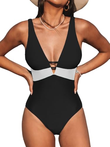 CUPSHE Damen Badeanzug Tiefer V Ausschnitt Riemchen Cutouts Farbblock Verstellbare Träger Einteilige Bademode Swimsuit Schwarz/Weiß M von CUPSHE