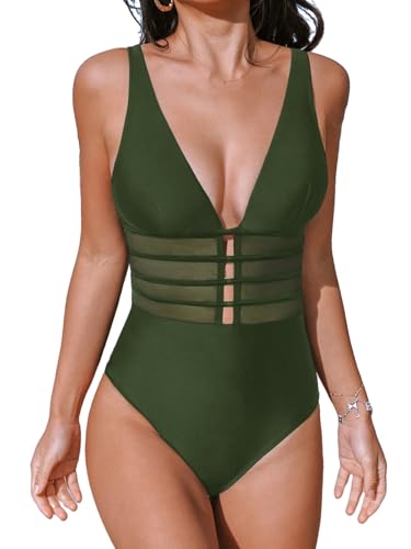 CUPSHE Damen Badeanzug Tiefer V Ausschnitt Sheer Netzstoff Riemchen Cutouts Verstellbare Träger Einteilige Bademode Swimsuit Dunkelgrün S CUPSHE Damen Badeanzug Tiefer V Ausschnitt Sheer Netzstoff Riemchen Cutouts Verstellbare Träger Einteilige Bademode Swimsuit Dunkelgrün S von CUPSHE
