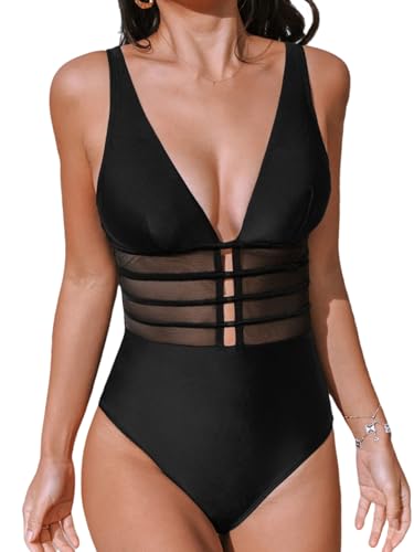 CUPSHE Damen Badeanzug Tiefer V Ausschnitt Sheer Netzstoff Riemchen Cutouts Verstellbare Träger Einteilige Bademode Swimsuit Schwarz M von CUPSHE