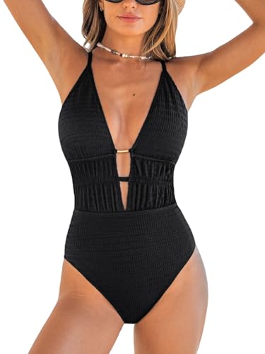 CUPSHE Damen Badeanzug Tiefer V Ausschnitt Strappy Tiefer Rückenausschnitt Schnürung Texturierte Einteilige Bademode Swimsuit Schwarz L von CUPSHE