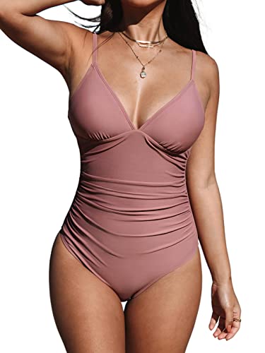 CUPSHE Damen Badeanzug Triangel V Ausschnitt Bauchweg Raffungen Unifarben Einteilige Bademode Swimsuit Bohnenrosa M von CUPSHE