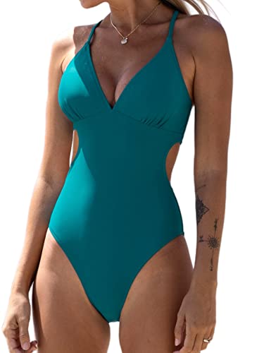 CUPSHE Damen Badeanzug Triangel V Ausschnitt Monokini Überkreuztes Rückendesign Zierausschnitten Figurformend Einteilige Bademode Swimsuit Teal S von CUPSHE