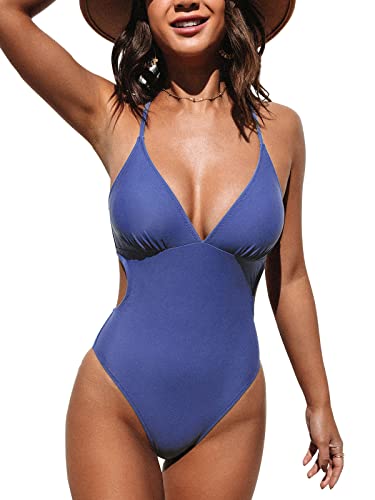 CUPSHE Damen Badeanzug Triangel V Ausschnitt Monokini Zierausschnitten Überkreuztes Rückendesign Figurformend Einteilige Bademode Swimsuit Blau L von CUPSHE