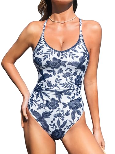 CUPSHE Damen Badeanzug U Ausschnitt Bauchweg Raffung Häkelkante Tiefer Rückenausschnitt Einteilige Bademode Swimsuit Bright Beige/Navy Blue Floral XS von CUPSHE