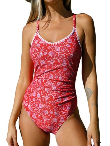 CUPSHE Damen Badeanzug U Ausschnitt Bauchweg Raffung Häkelkante Tiefer Rückenausschnitt Einteilige Bademode Swimsuit Rotes Paisley XS von CUPSHE