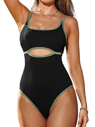 CUPSHE Damen Badeanzug U Ausschnitt Cutouts Kontrastpaspeln Tiefer Rückenausschnitt Lace Up Einteilige Bademode Swimsuit Schwarz/Grün M von CUPSHE