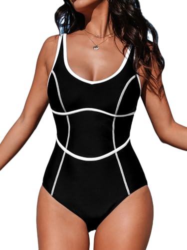 CUPSHE Damen Badeanzug U Ausschnitt Kontrastpaspel Korsettdetail Verstellbare Träger Einteilige Bademode Swimsuit Schwarz/Weiß XL von CUPSHE