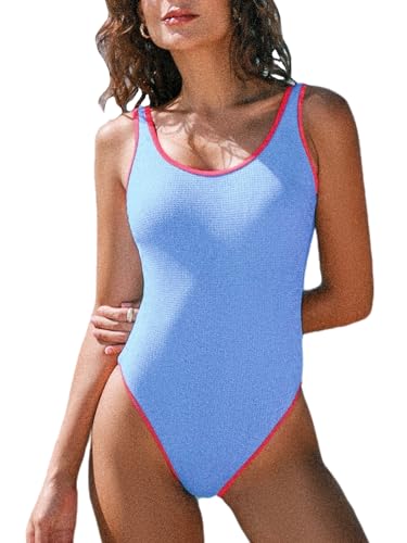 CUPSHE Damen Badeanzug U Ausschnitt Kontrastpaspeln Breite Träger Tiefer rücken Einteilige Bademode Swimsuit Blau/Rot M von CUPSHE