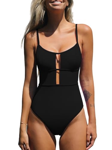 CUPSHE Damen Badeanzug U Ausschnitt Riemchen Zierausschnit Tiefer Rückenausschnitt Figurformend Einteilige Bademode Swimsuit Schwarz XL von CUPSHE