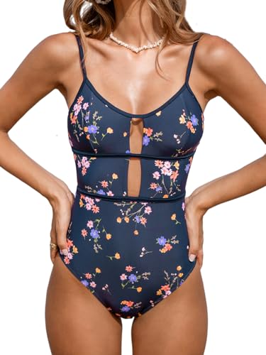 CUPSHE Damen Badeanzug U Ausschnitt Riemendetail Zierausschnite Tiefer Rückenausschnitt Blumenmuster Figurformend Einteilige Bademode Swimsuit Dunkelblau/Blumig M von CUPSHE